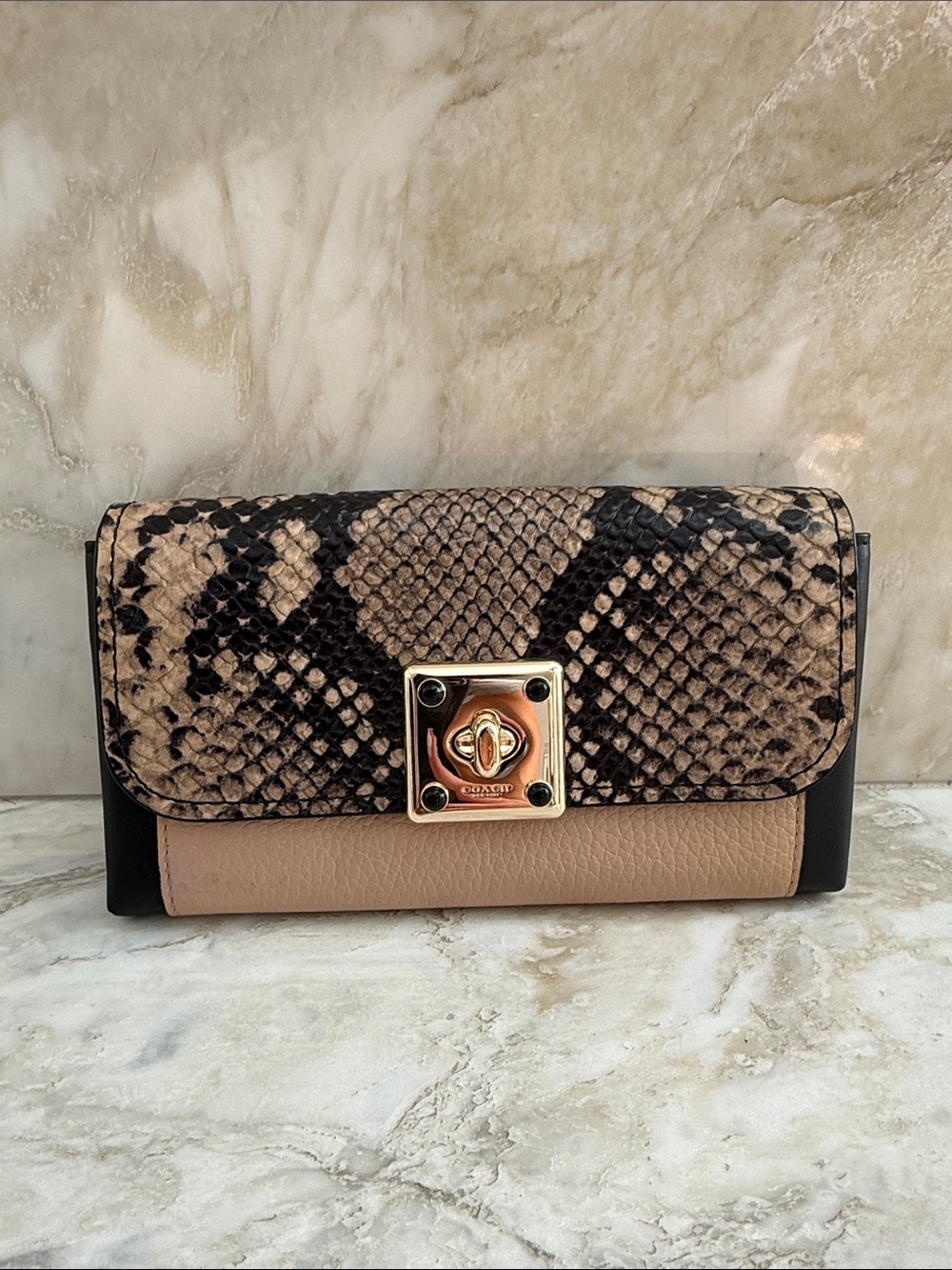 Coach Two-Tone Snake-Print Leather Wallet on a chain in Beige, Black and Brown